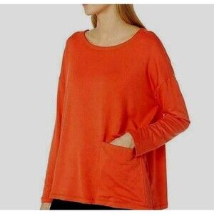 Eileen Fisher Hot Red Tencel Strech Terry Ballet Neck Tunic Top PL